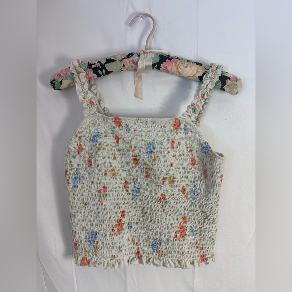 White Floral Cottagecore Smocked Women's Tank Top Size M-L